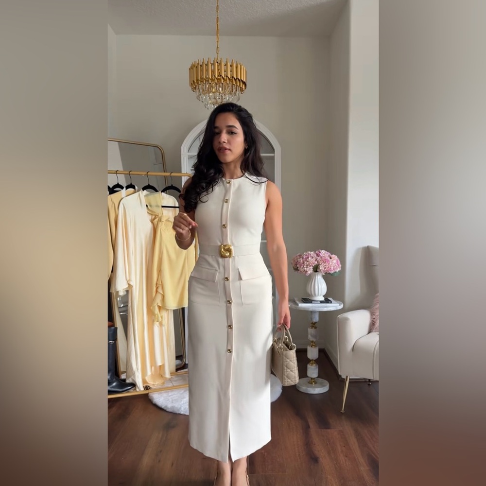 Zara NWT Elegant Cream Sleeveless Belted Midi Dress with Gold Details (Medium) - Picture 3 of 16